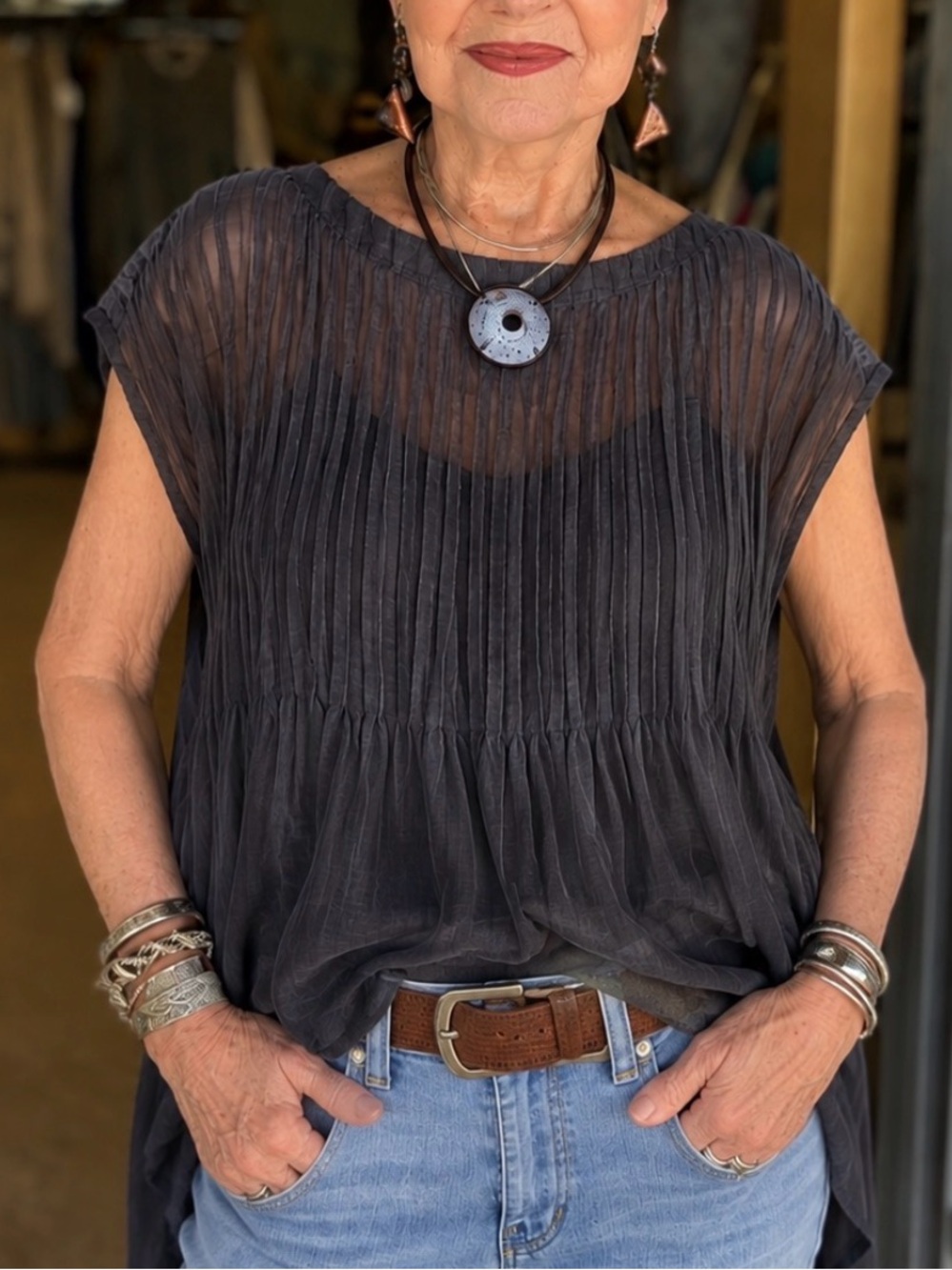 Pintucked cap sleeve tunic